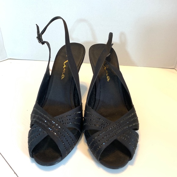 NINA Black Satin Rhinestone Peep Toe Slingback 7.5 - Picture 2 of 8